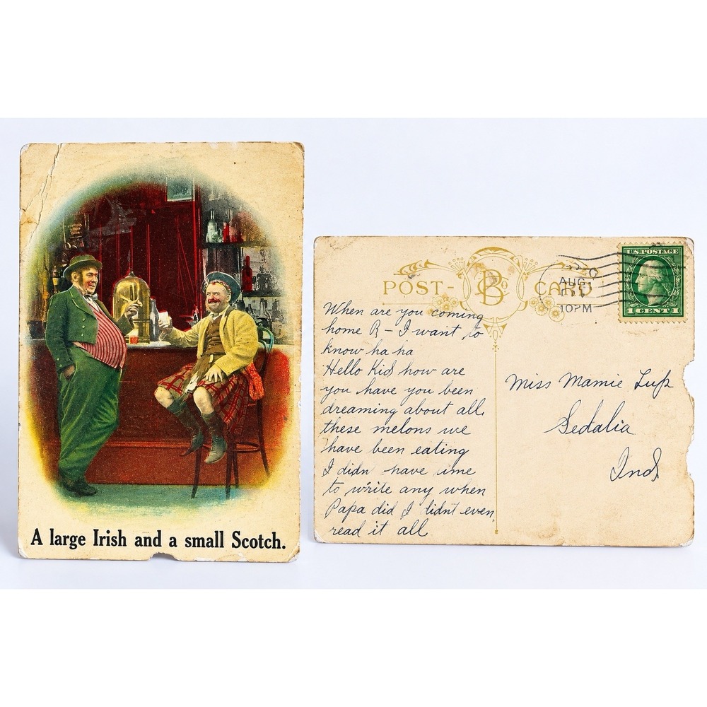 Antique 1910s Irish Scotch Humor Postcard Saloon Bar 1c Stamp Posted